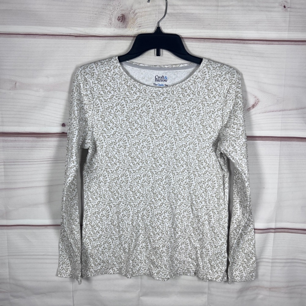 Croft & Barrow T-Shirt Womens Small White Paisley The Classic Tee Long Sleeve